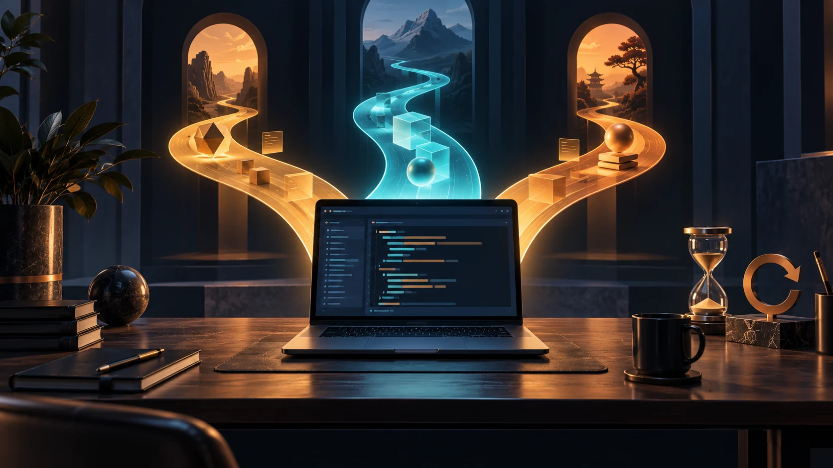 Three illuminated paths converge on a developer's laptop, with an hourglass and reset symbol beside the desk.