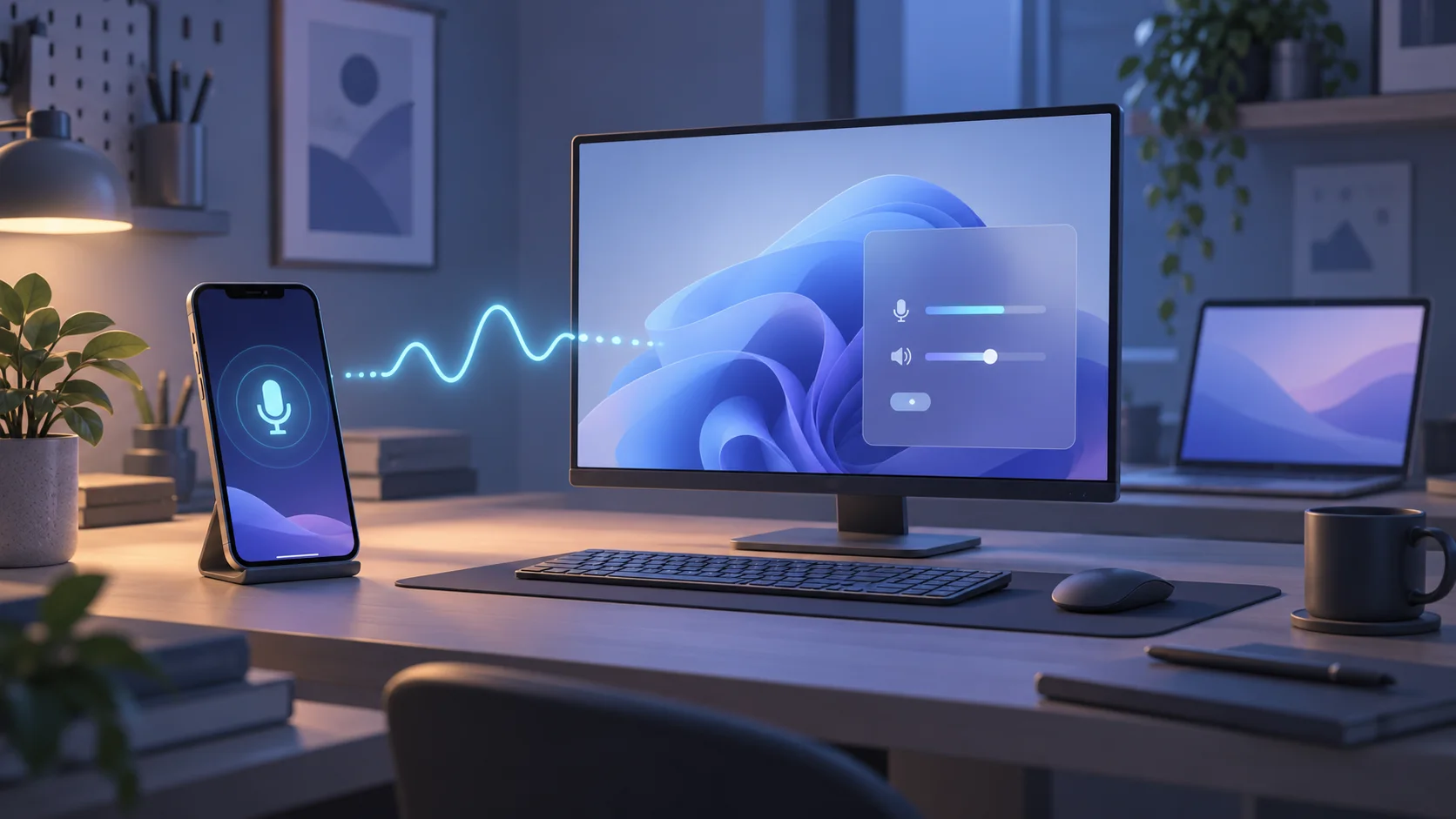 Concept illustration of a phone microphone sending an audio waveform to a desktop, with a softly tinted interface and a laptop beside it.