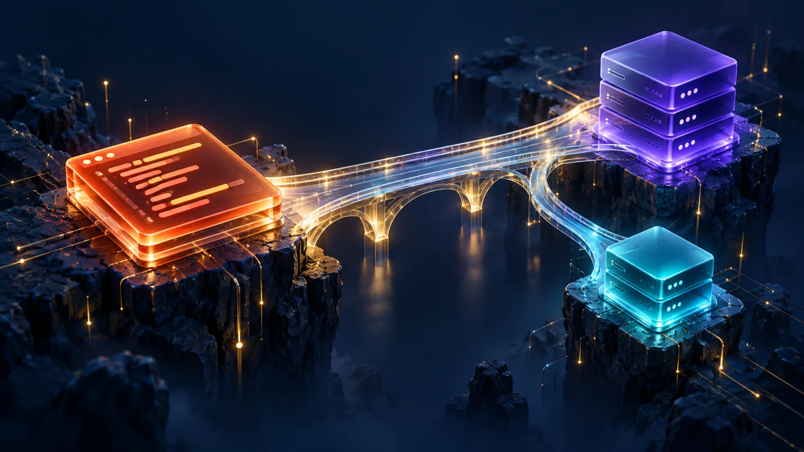 An illustrated bridge connects frontend code to PHP hosting, with a separate branch to a Node server.