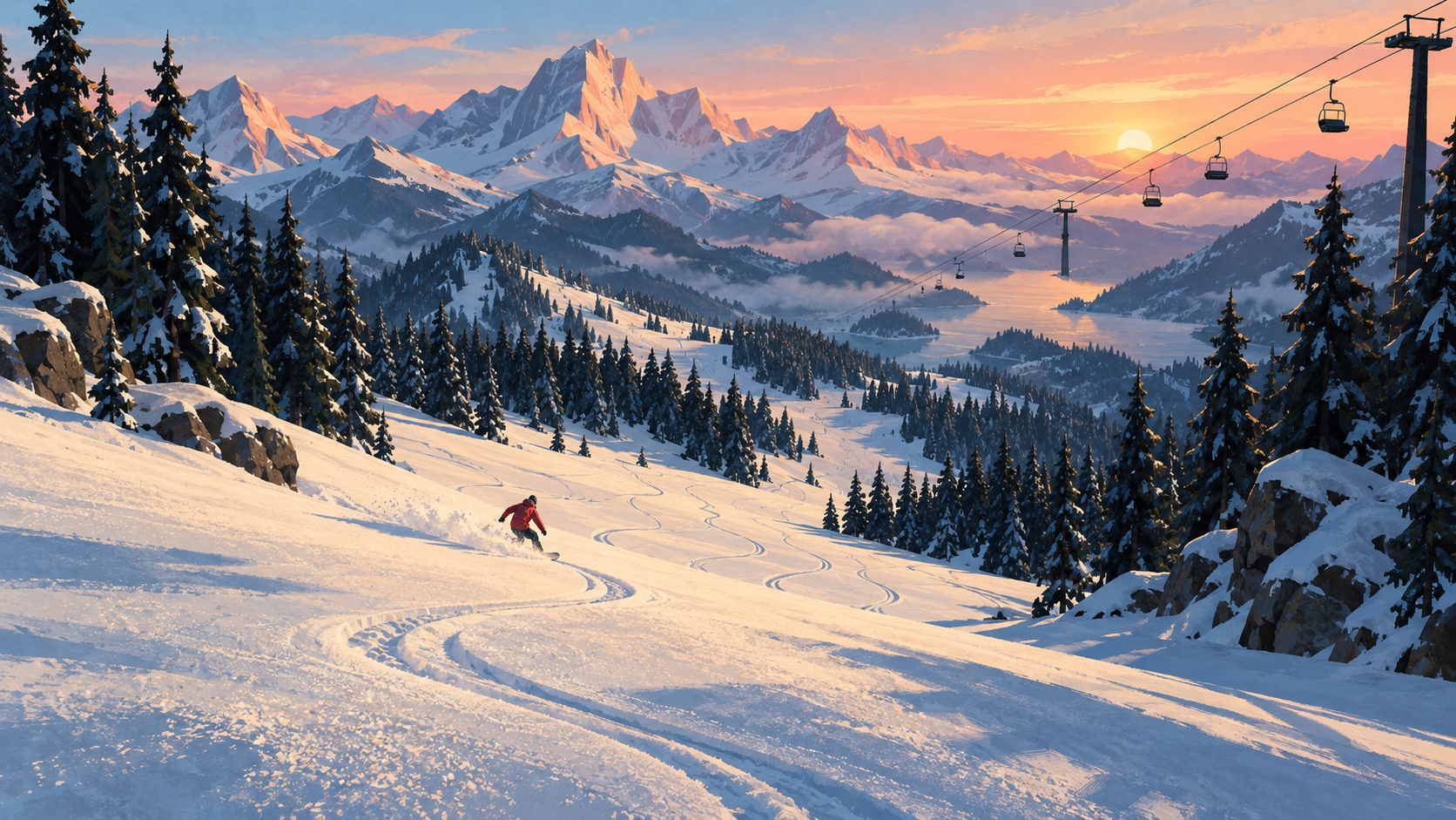 A lone skier in a red jacket carves a fresh line down a powdery slope. Trees border the snow, and the distant peaks catch the last warm light.