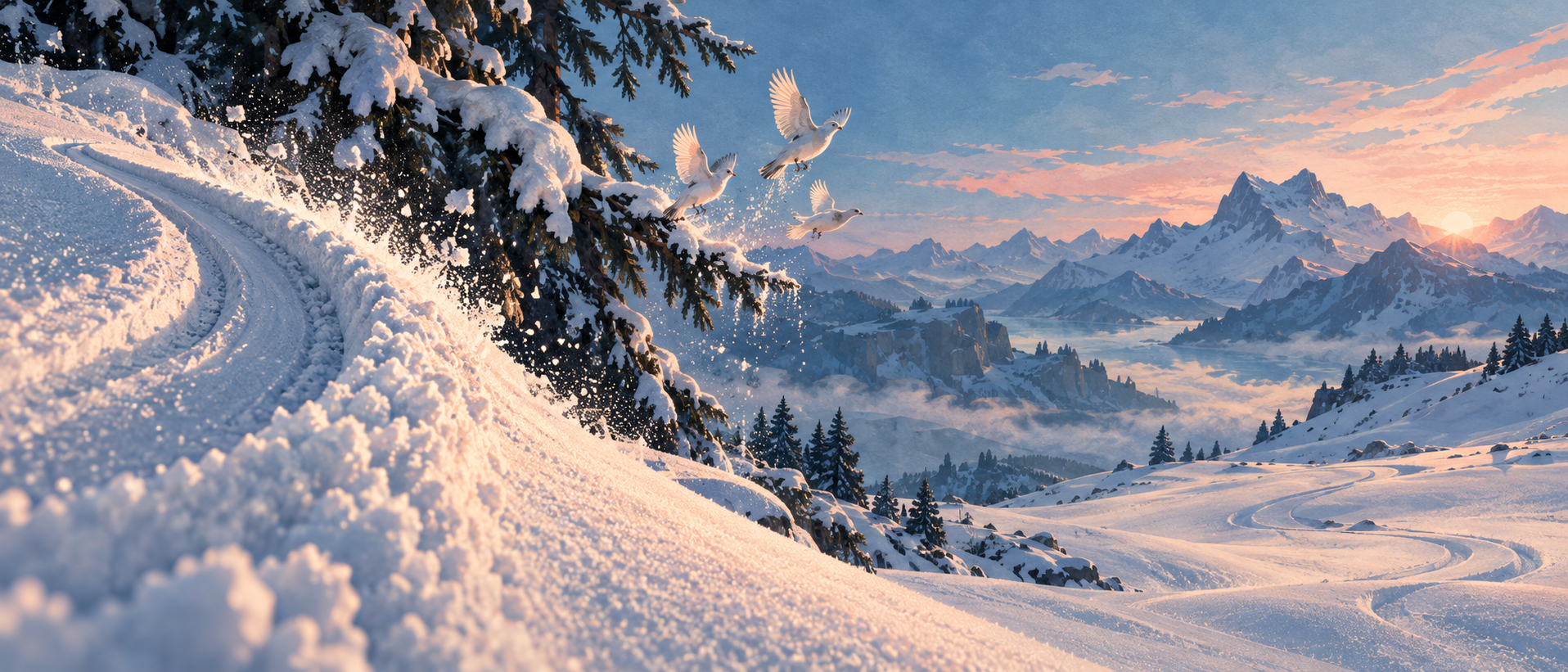 A snow-covered mountainside curves toward a distant valley, with wind-shaped ridges, a laden pine branch and pale birds in warm evening light.