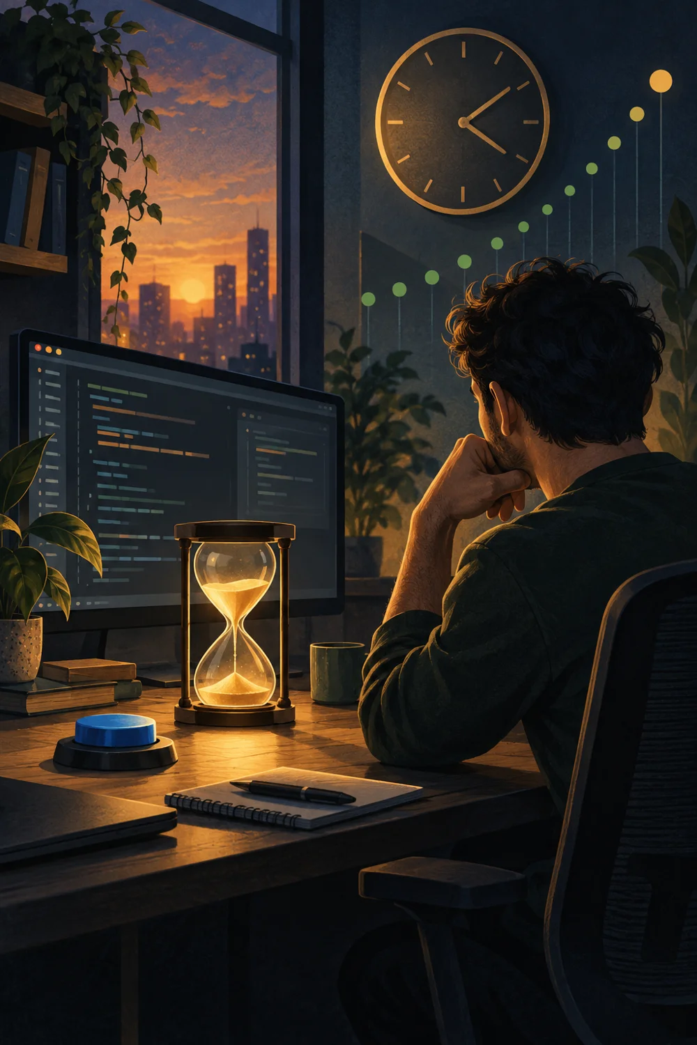 Editorial illustration of an hourglass and reset button on a developer’s desk.